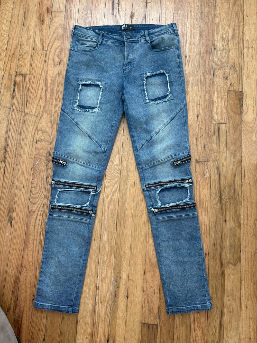 nANA judy Men's Distressed Blue Skinny Jeans with Zip Accents